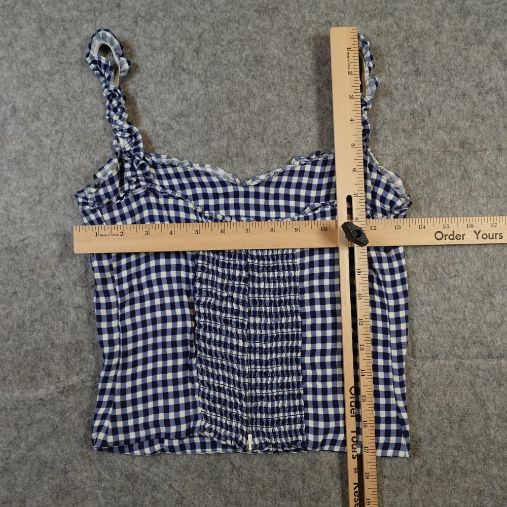 Reformation Top Womens 2 Havana Gingham Check Navy White Ruffle Strap Sweetheart - Picture 4 of 7